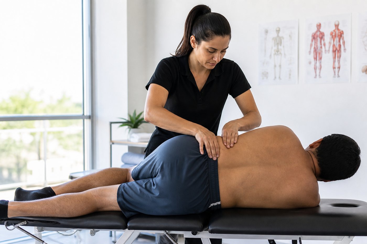 Physiotherapist assessing lower back pain on a treatment table in Calgary