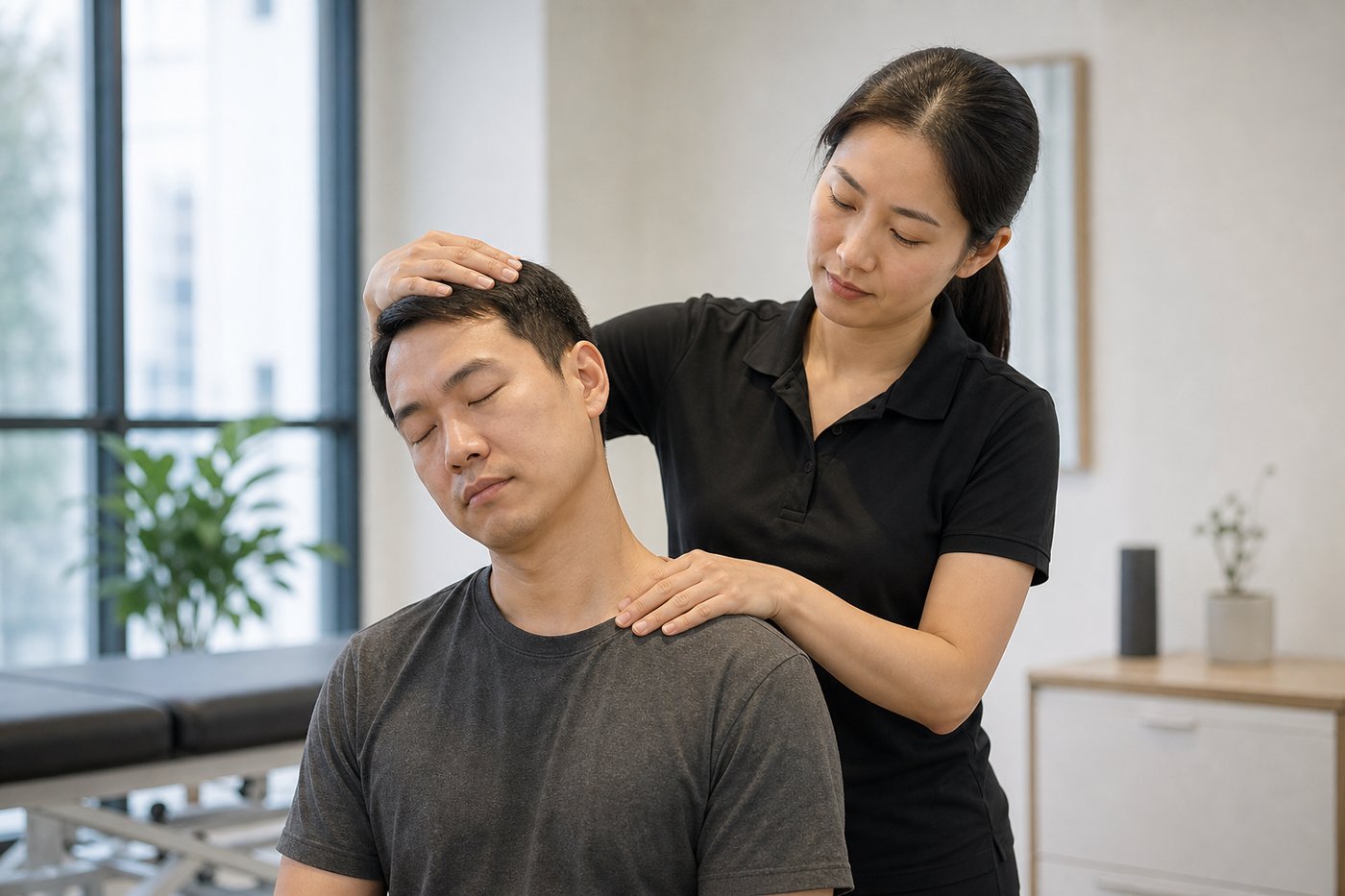 Physiotherapist treating neck and shoulder tension in a Calgary clinic