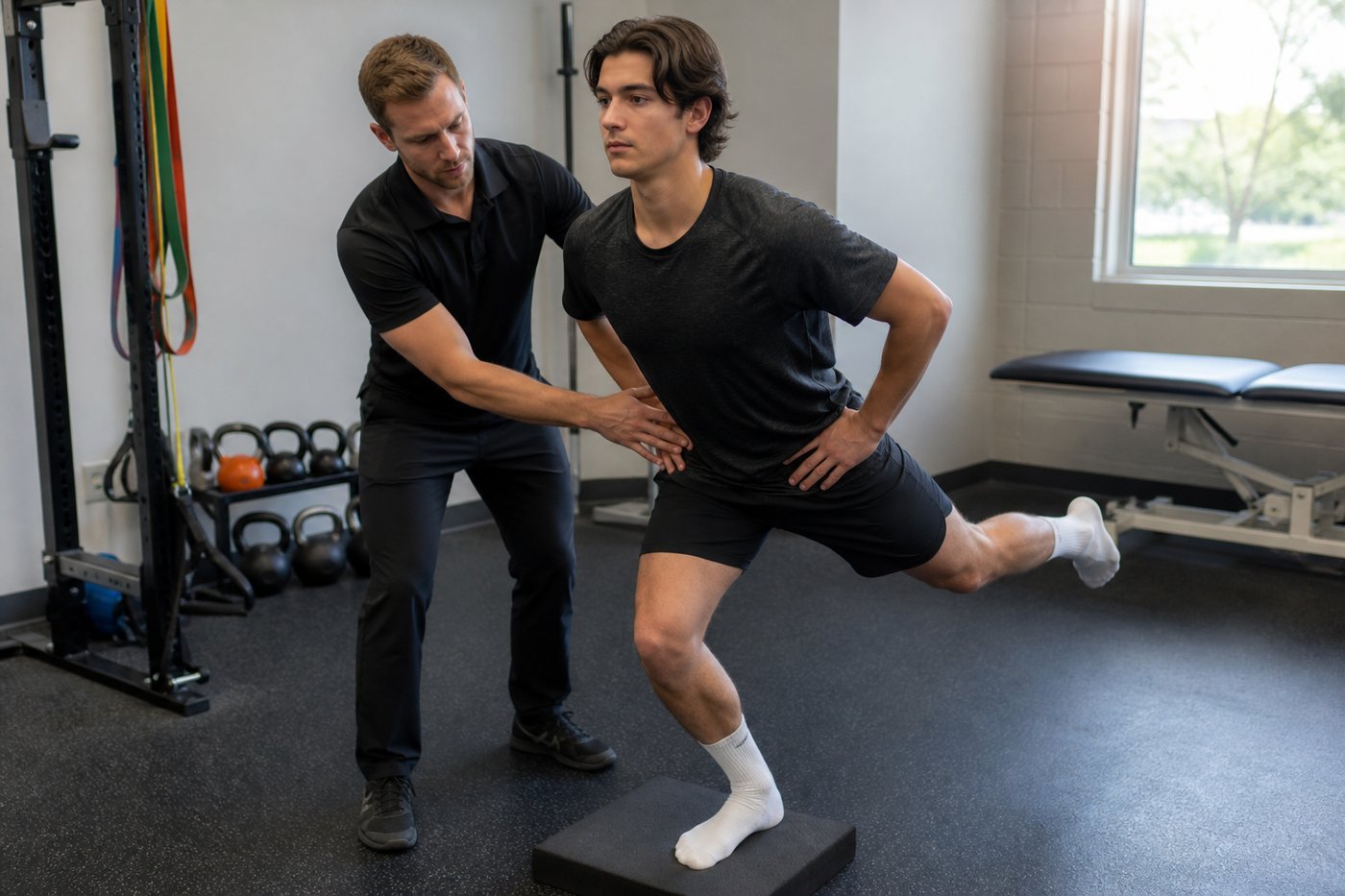 Physiotherapist guiding sports rehab exercise in a Calgary clinic